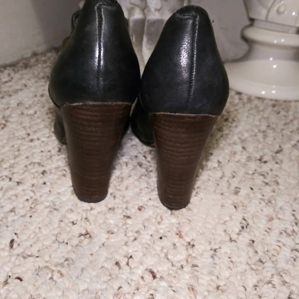 Anthro Seychelles Black Leather High Heel Booties with Button Detail